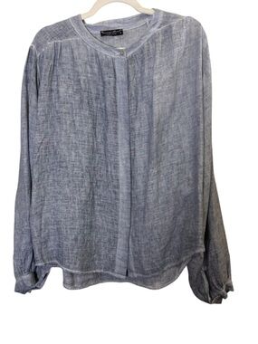 Italian Made Heathered Blue Button-Front Linen Blend Lightweight Blouse Sz M